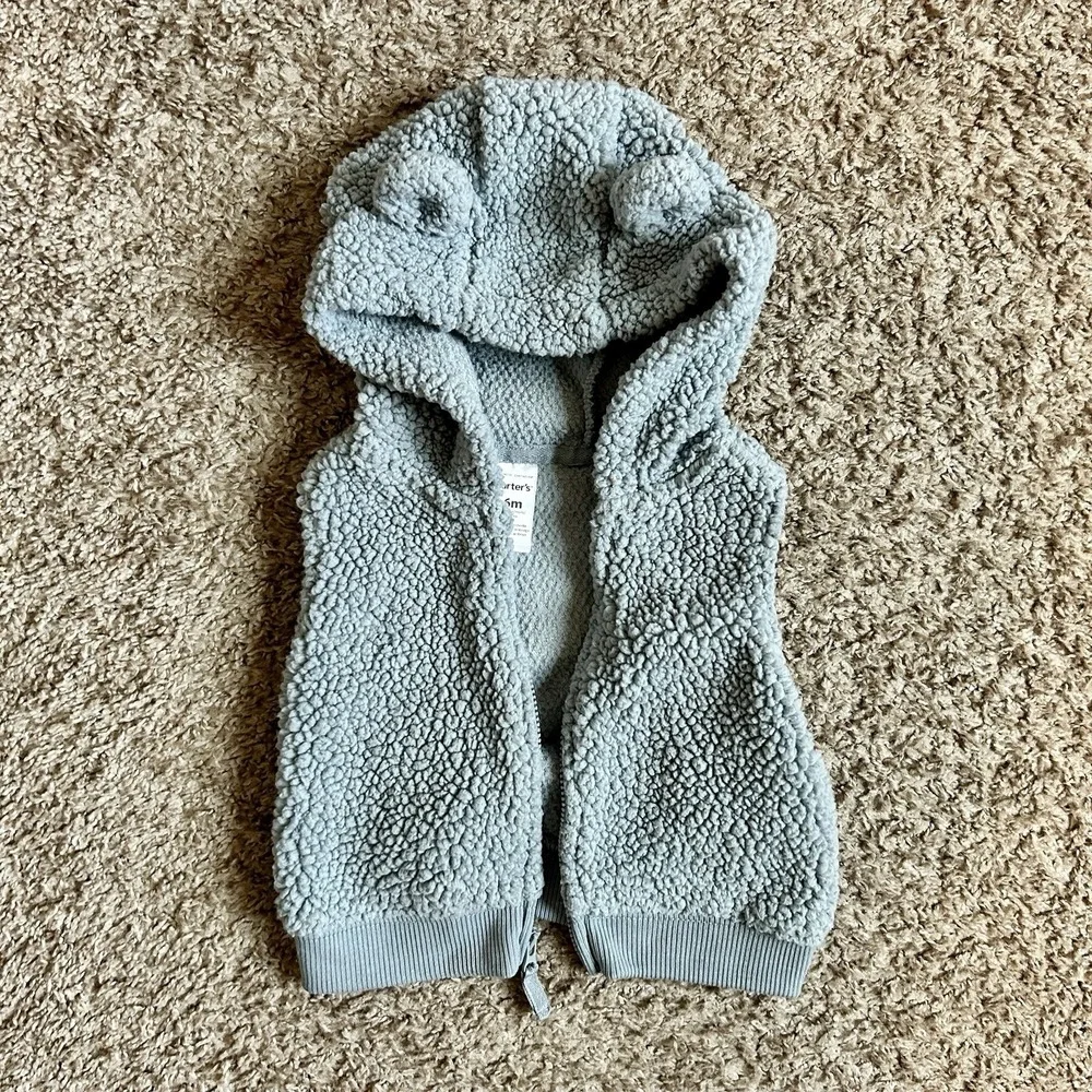 Carter's I Baby Bear Hoodie Vest‎ Bodysuit Set I Size 6M I Blue Gray Striped